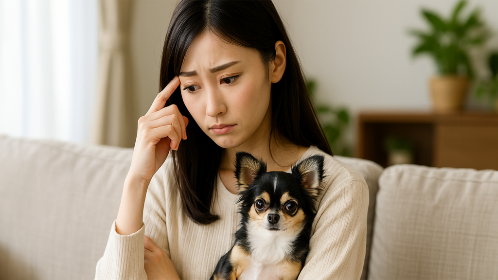 チワワの鳴き声に困っている女性