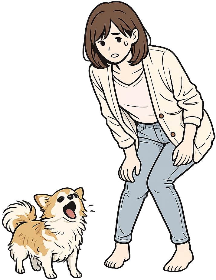 吠えている小型犬に困っている女性