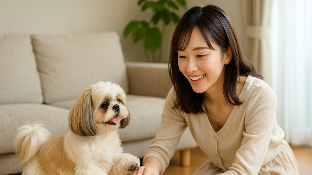 シーズーと遊んでいる女性