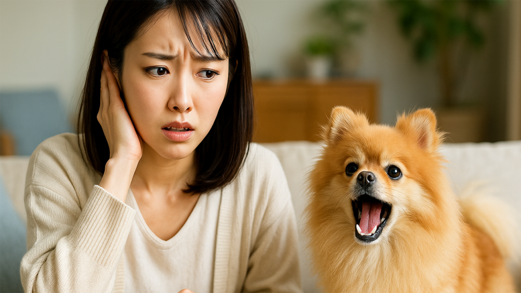吠えているポメラニアンと困っている飼い主