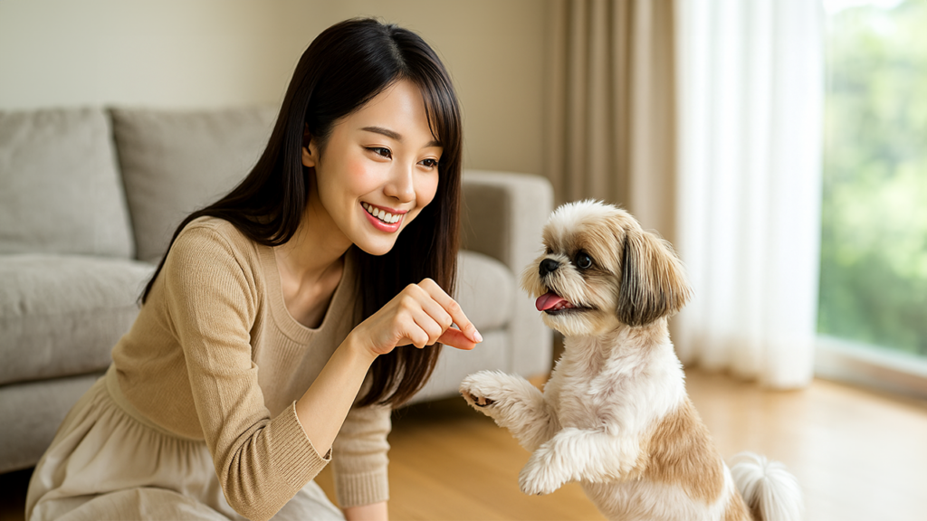 犬と遊んでいる女性