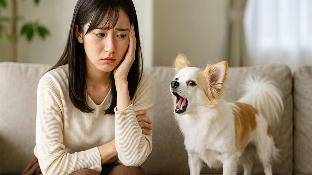 吠える犬に困っている飼い主の女性