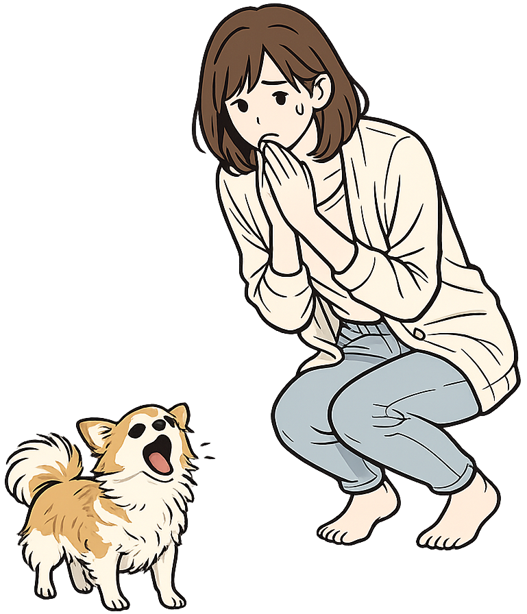 吠えている小型犬を不安そうに見ている飼い主