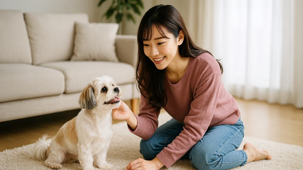 飼い犬と遊んでいる女性