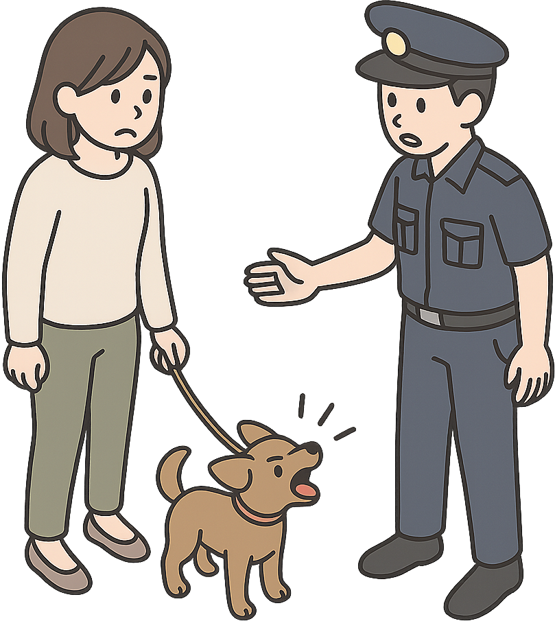 警察官に注意されている犬と飼い主の女性