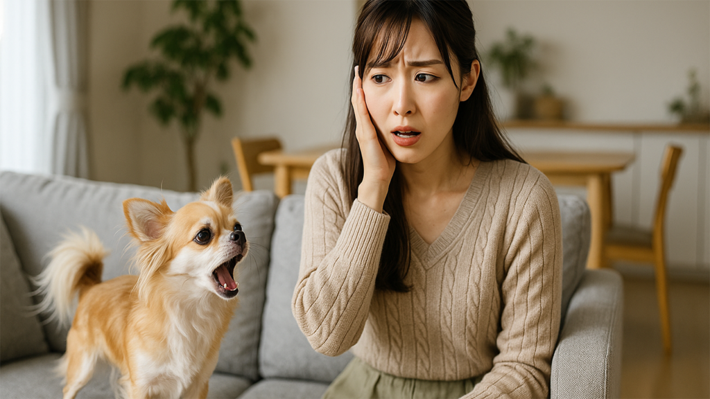 飼い犬の鳴き声を心配している女性