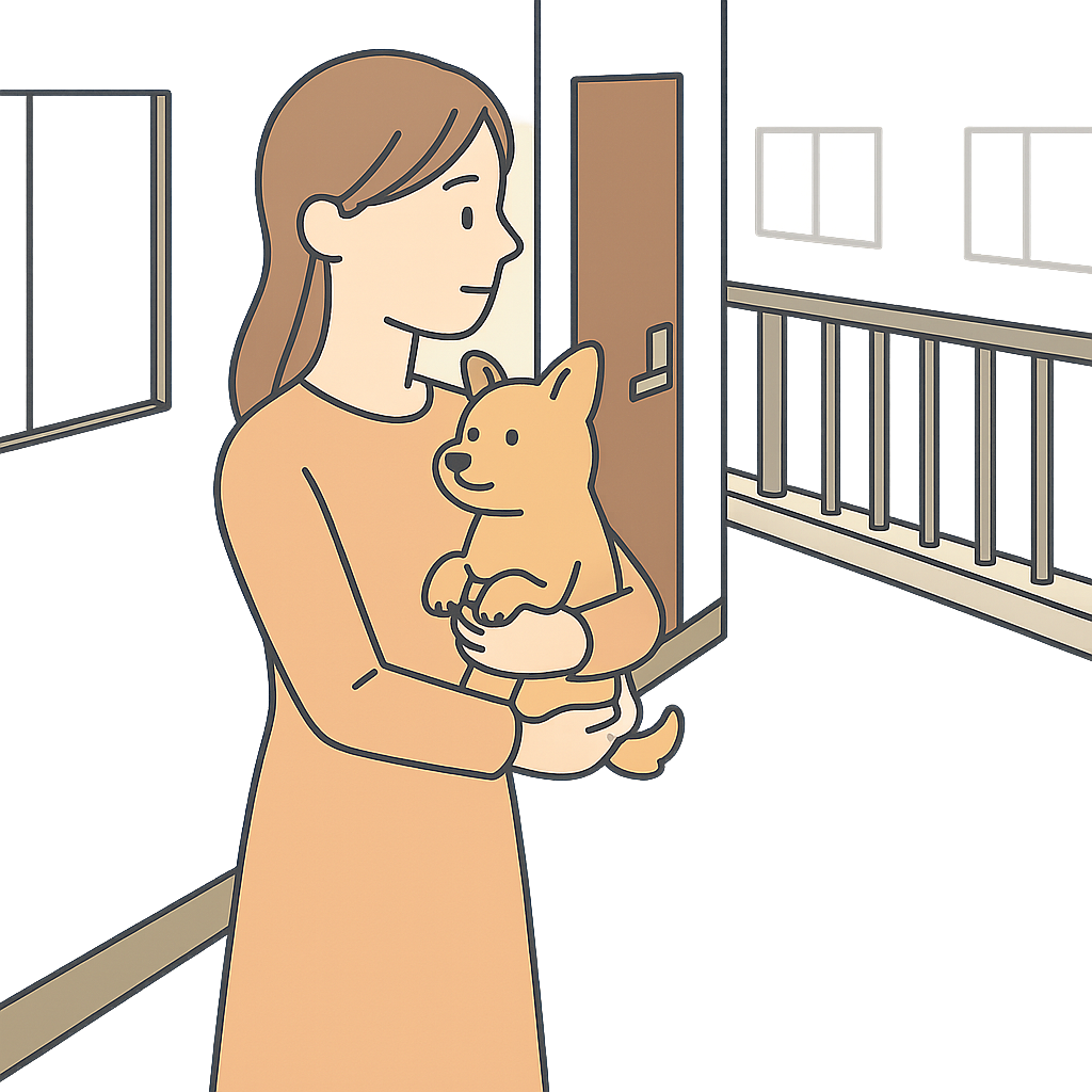 共用部で犬を抱えている飼い主イメージ