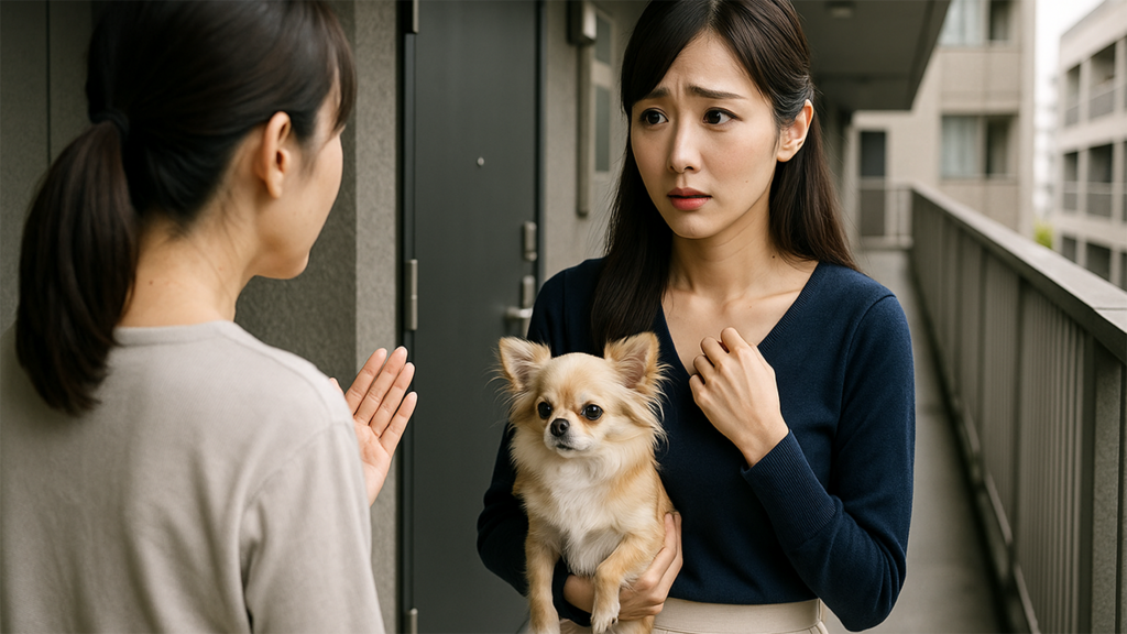 飼い犬の鳴き声で近隣住人に苦情を言われている飼い主の女性