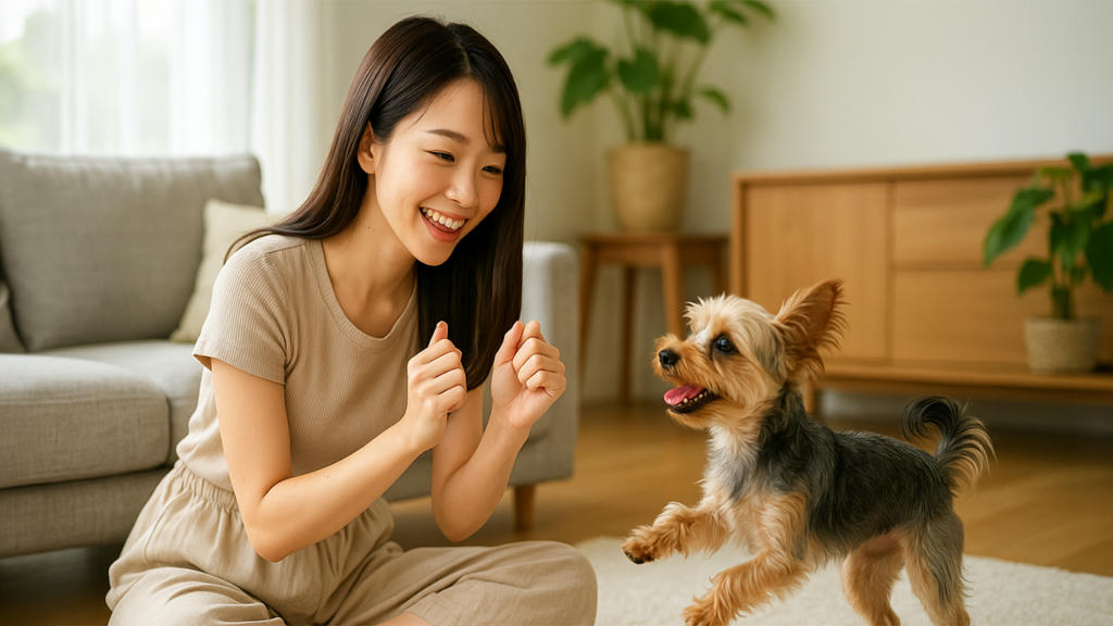 犬と遊んでいる飼い主の女性