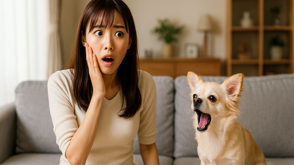 飼い犬の鳴き声に驚いている飼い主の女性