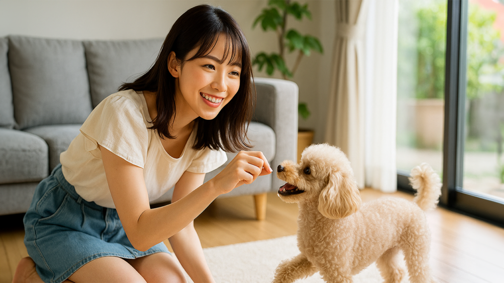 犬と遊んでいる飼い主の女性