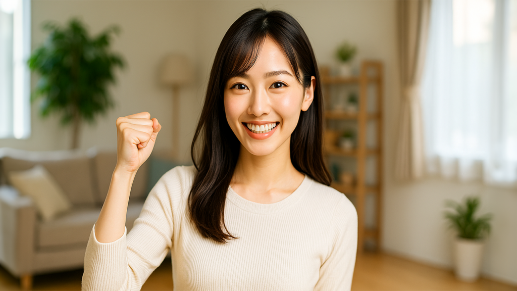 ガッツポーズしている女性