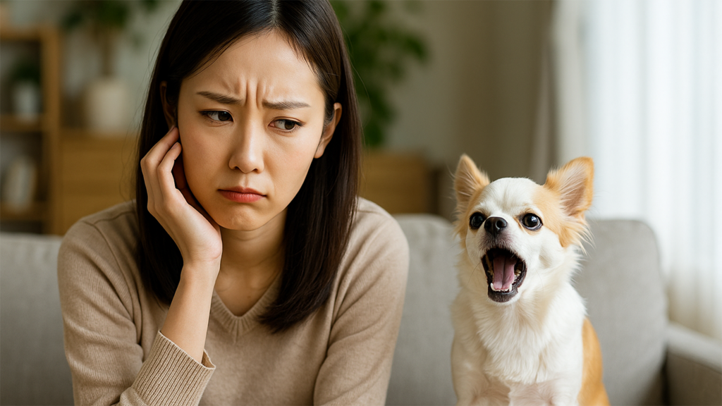 飼い犬の鳴き声に困っている飼い主の女性