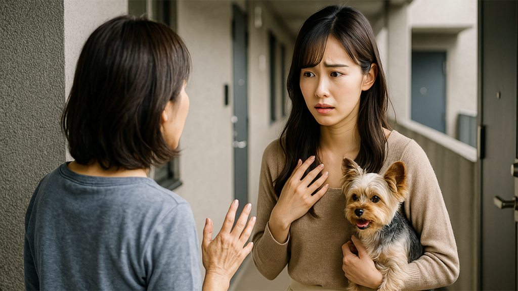 飼い犬の鳴き声で苦情を言われている飼い主の女性