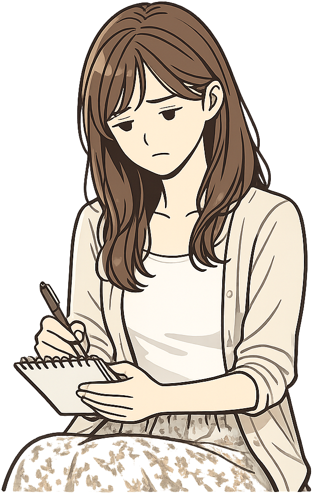 深刻な表情でメモをとっている女性