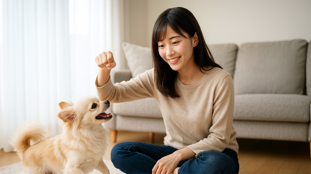 飼い犬と遊んでいる女性