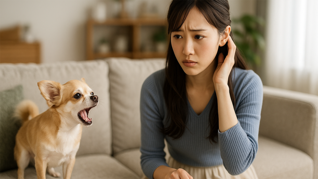 飼い犬の鳴き声を気にしている女性