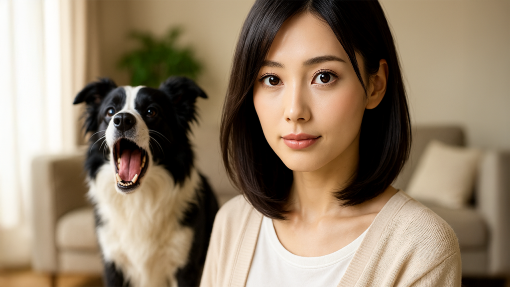 吠えている犬と飼い主の女性