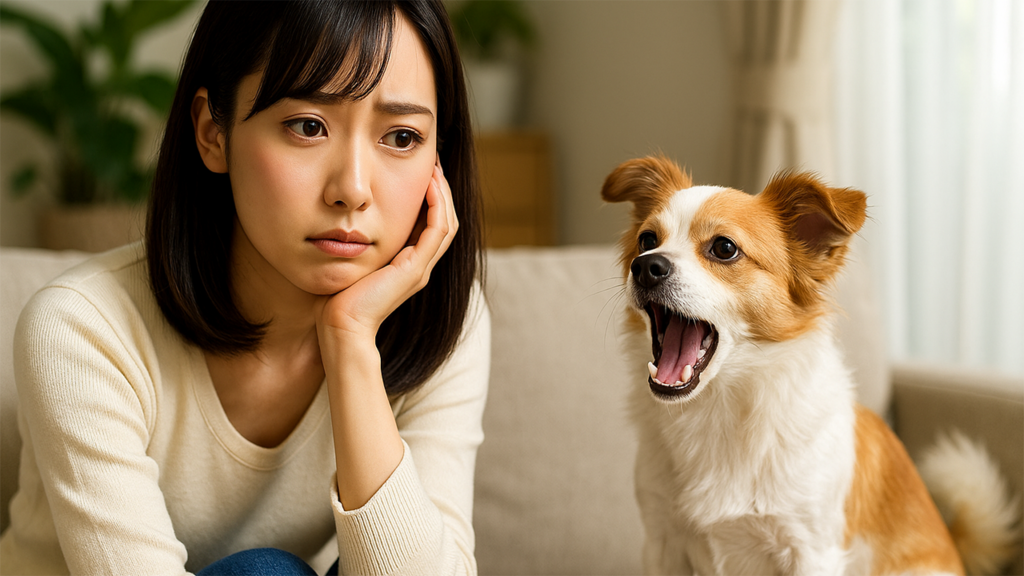 吠えている犬と困っている飼い主