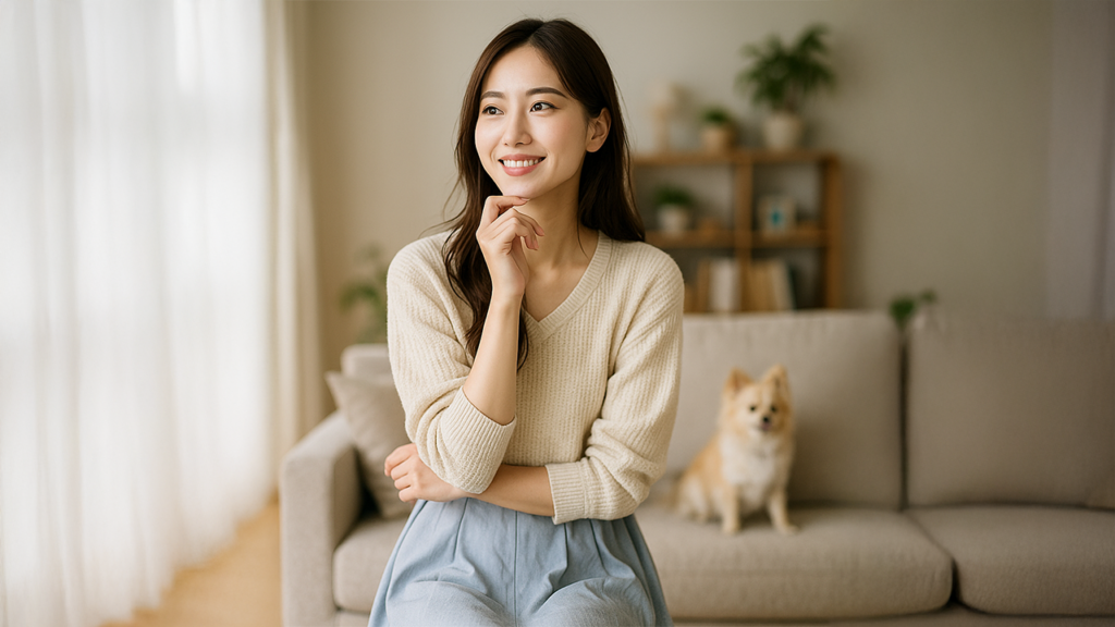安心している飼い主の女性