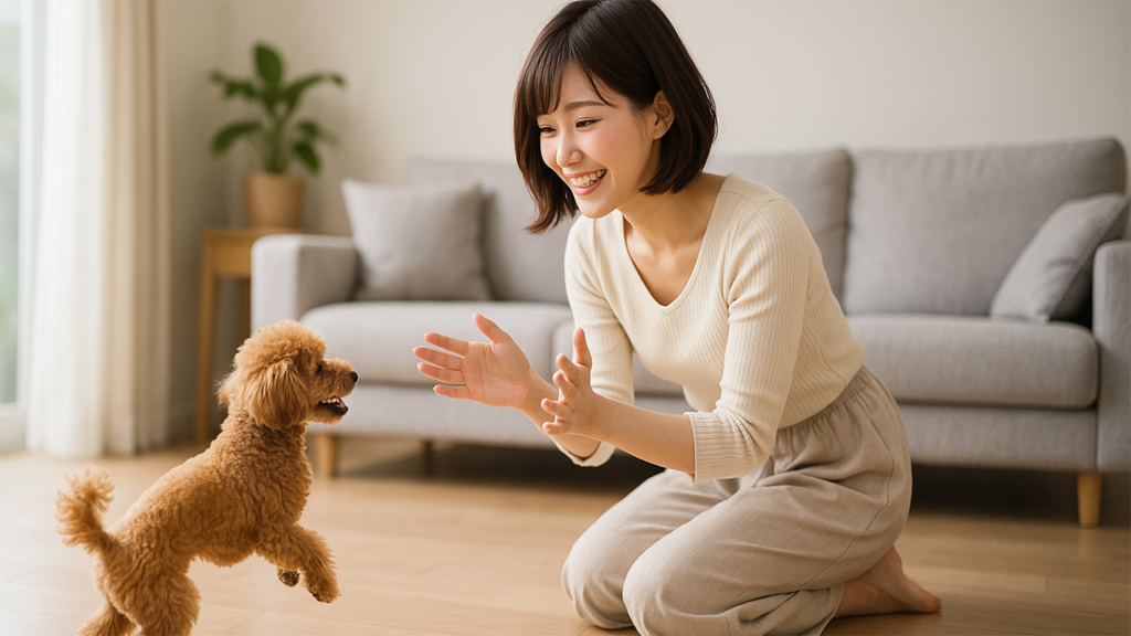 飼い犬と遊んでいる女性