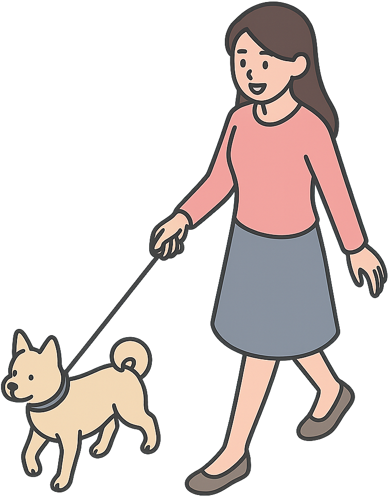 笑顔で犬の散歩をしている女性