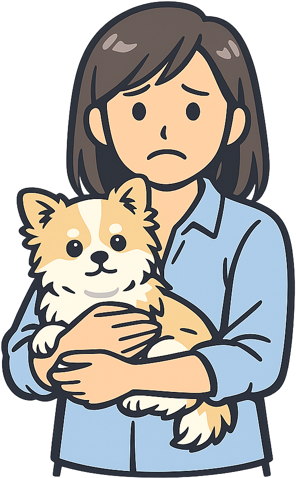 ペットの小型犬を抱えて不安そうな女性