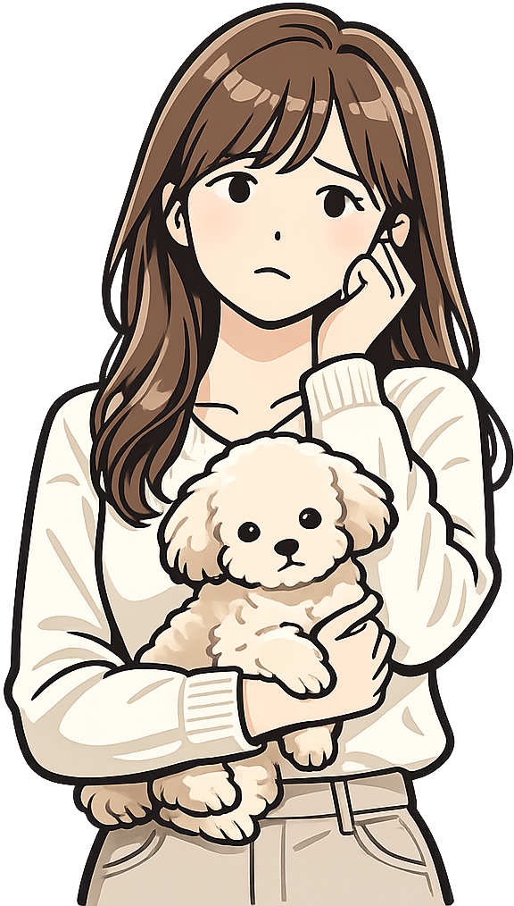 飼い犬の小型犬を抱えて不安そうにしている女性